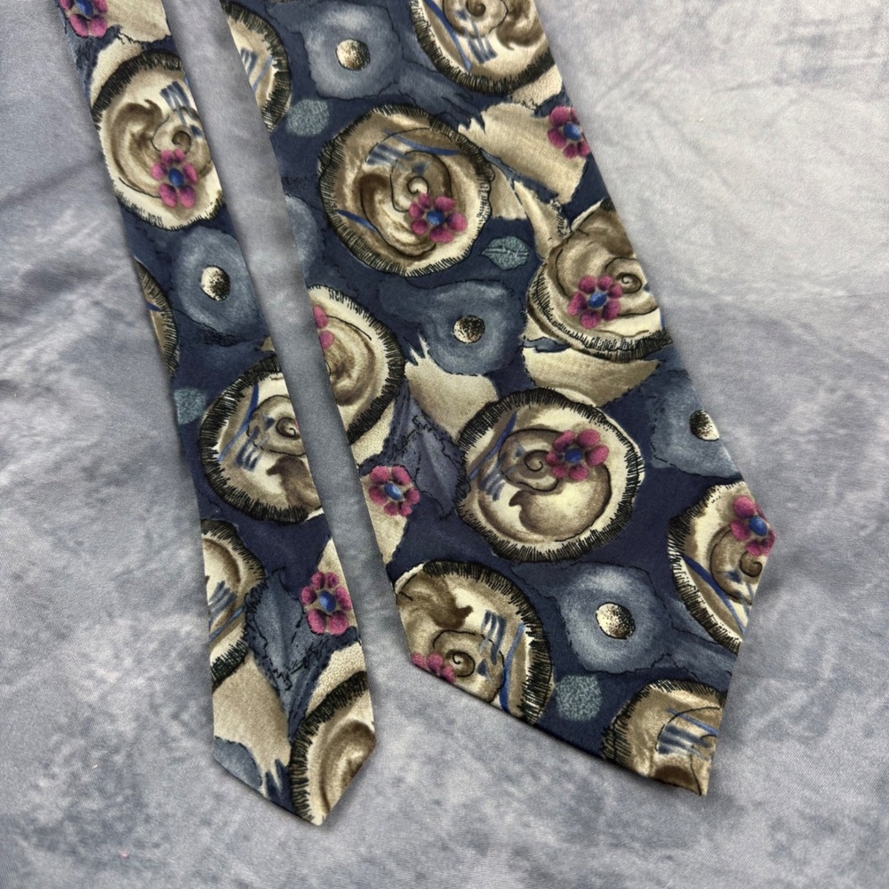 J. Garcia Snail Garden Collection Nine Silk Tie Blue Abstract Floral Stonehenge - Picture 1 of 9